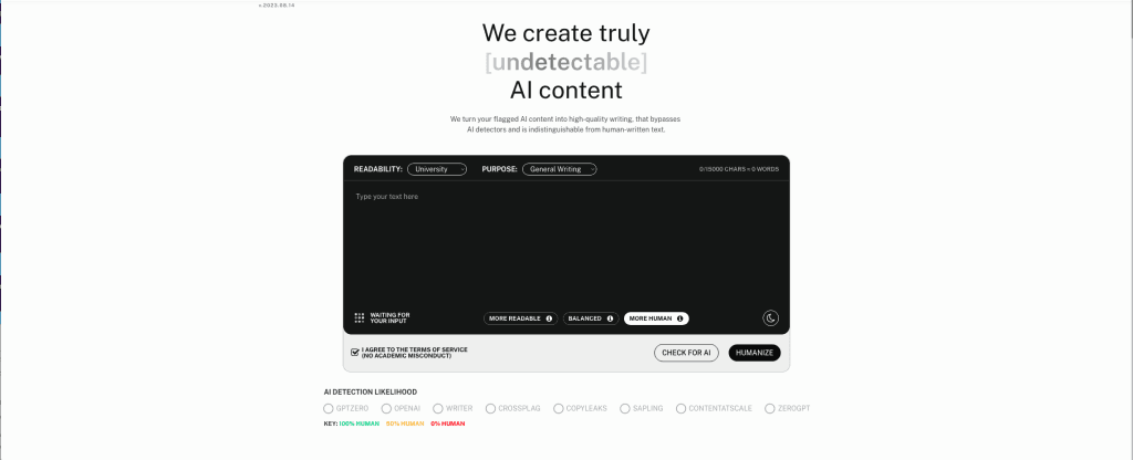 Undetectable AI website dashboard