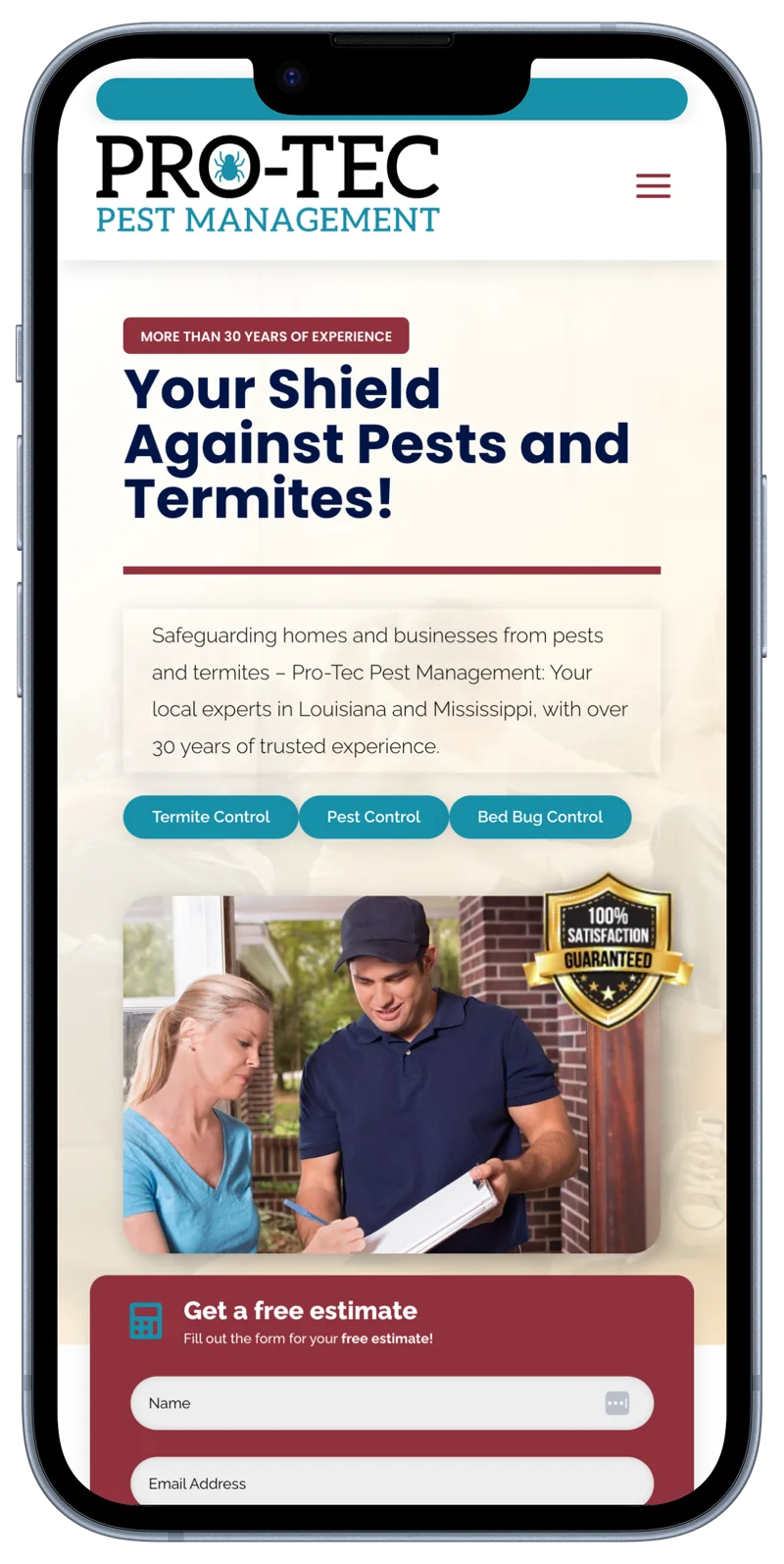 pro-tec pest management mobile site showcasing services and free estimate form