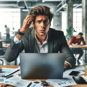 high-definition 1080p photo of a confused new business owner sitting at his desk. The scene shows a modern office setting with the business owner lo