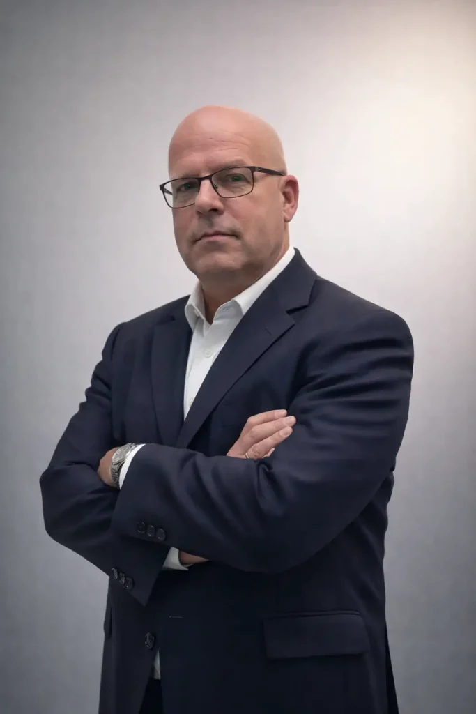 Professional portrait of Clint L. Sanchez, owner of Blaksheep Creative digital marketing agency in Louisiana, wearing a navy blue suit jacket and glasses with his arms crossed.
