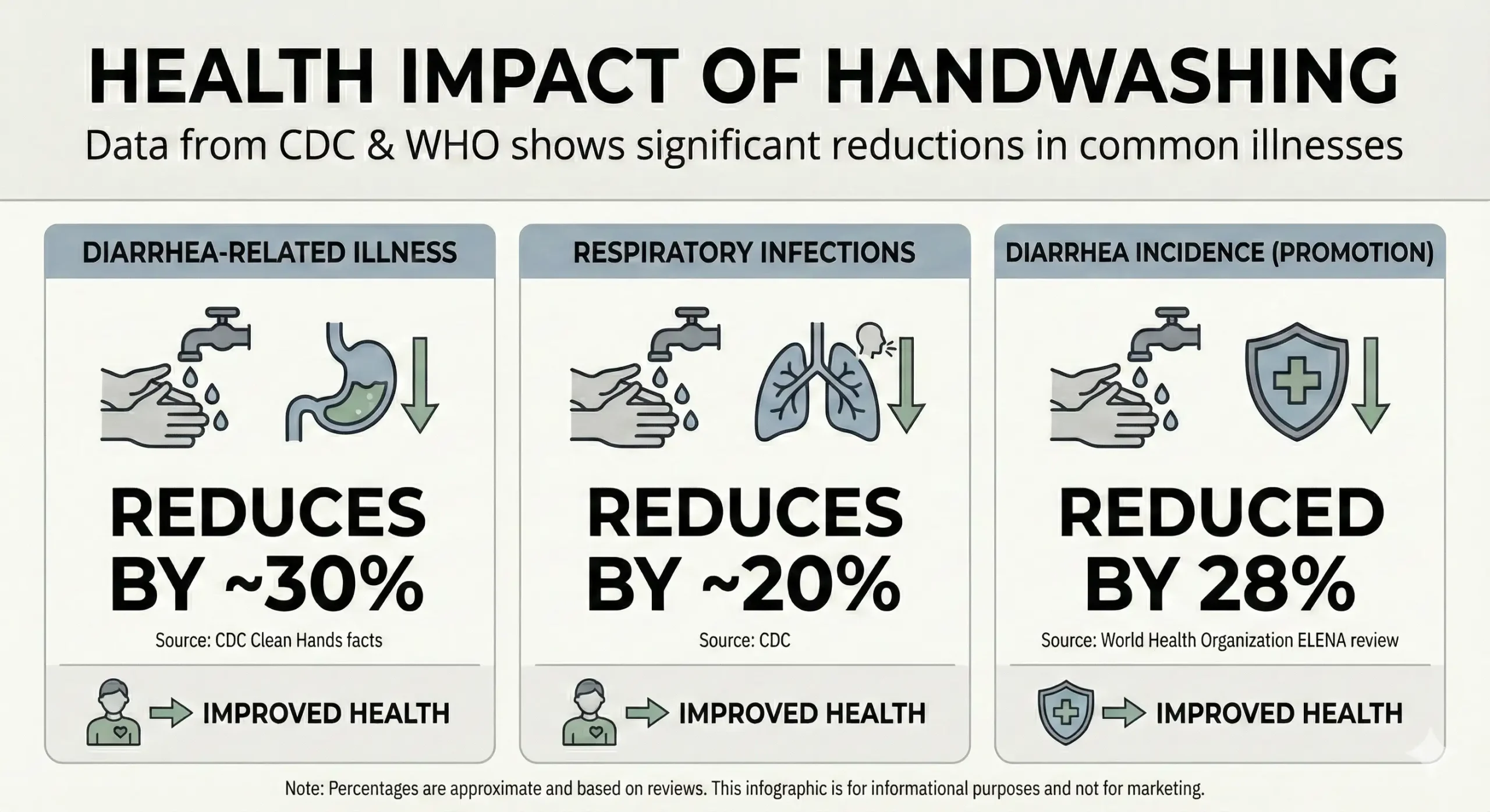 An infographic titled 'Health Impact of Handwashing' displaying data from the CDC and WHO. It illustrates three key benefits: a 30% reduction in diarrhea-related illness, a 20% reduction in respiratory infections, and a 28% reduction in diarrhea incidence through promotion. Each section includes icons of handwashing under a faucet alongside diagrams of a stomach, lungs, and a medical shield, all leading to the conclusion of improved health.