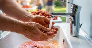 Close-up of hands covered in reddish-brown seasoning being washed under a stream of water from a chrome faucet into a white sink.