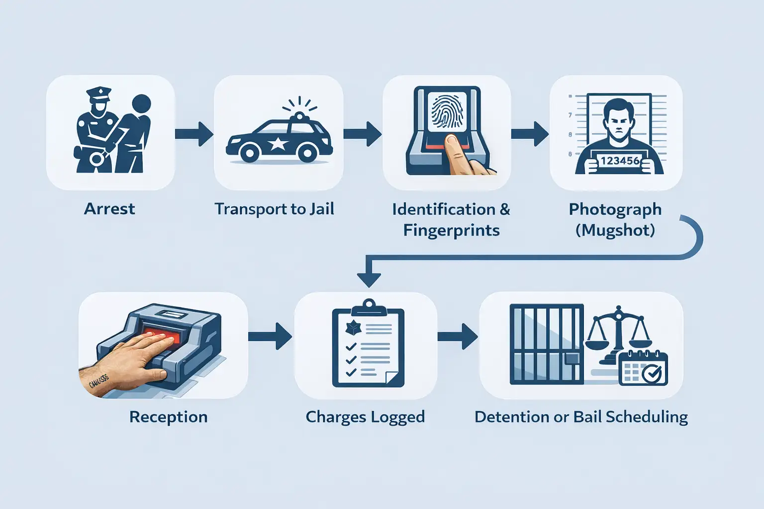 An infographic illustrating the seven steps of the jail booking process: Arrest, Transport to Jail, Identification and Fingerprints, Photograph (Mugshot), Reception, Charges Logged, and Detention or Bail Scheduling.