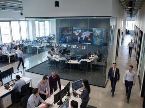 Bustling office of managed security services provider