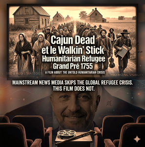 Mainstream news media skips the global refugee crisis. This Cajun Dead et le Walkin' Stick Humanitarian Refugee Grand Pré 1755 film does not.