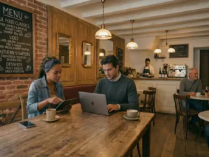 man-woman-working-laptop-tablet-cafe-restaurant