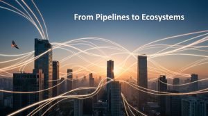 Innovation ecosystem visualization showing connected light networks flowing across a city skyline at golden hour