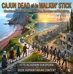 Cajun Dead et le walkin stick, a film within a Film on the humanitarian refugee crisis Blomidon-Gaza the same children, connects 1755 Acadian Deportation to Gaza 2026 like no other