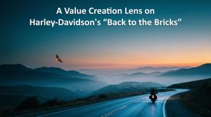 Value creation lens on Harley-Davidson’s turnaround: solitary motorcycle rider on a curving road at blue hour, Redtail hawk soaring above, distant city lights on the horizon — depicting the long arc of structural turnaround analysis