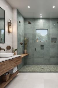 Frameless glass walk-in shower with large format tile in a remodeled Roanoke primary bathroom