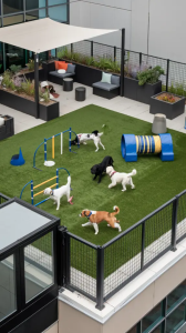 Commercial dog play equipment ramps and platforms installed in a dog daycare facility