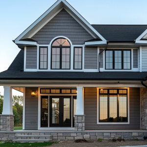 Home exterior with new vinyl replacement windows installed showing improved curb appeal