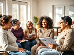 adults participating in a structured social skills group therapy session to improve communication and confidence