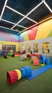 open concept commercial dog daycare facility with professional indoor dog play equipment and active dogs