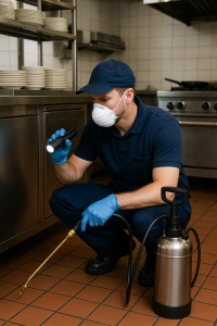 professional pest control technician spraying exterior perimeter of residential home for pest prevention