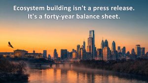 Ecosystem building visualization showing the Philadelphia skyline at golden hour with warm-to-cool gradient sky