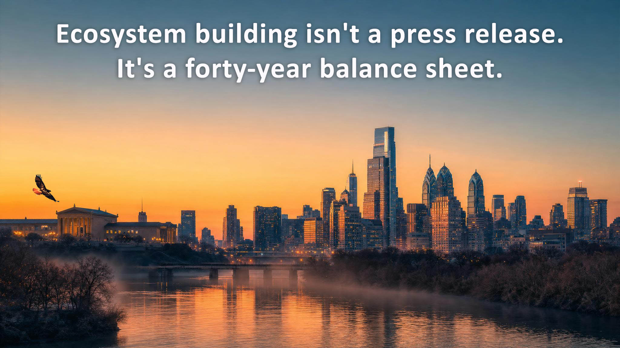 Ecosystem building visualization showing the Philadelphia skyline at golden hour with warm-to-cool gradient sky