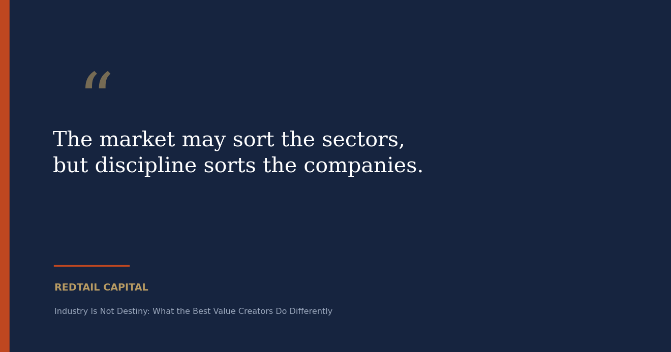 Value creators pull quote — the market may sort the sectors, but discipline sorts the companies.