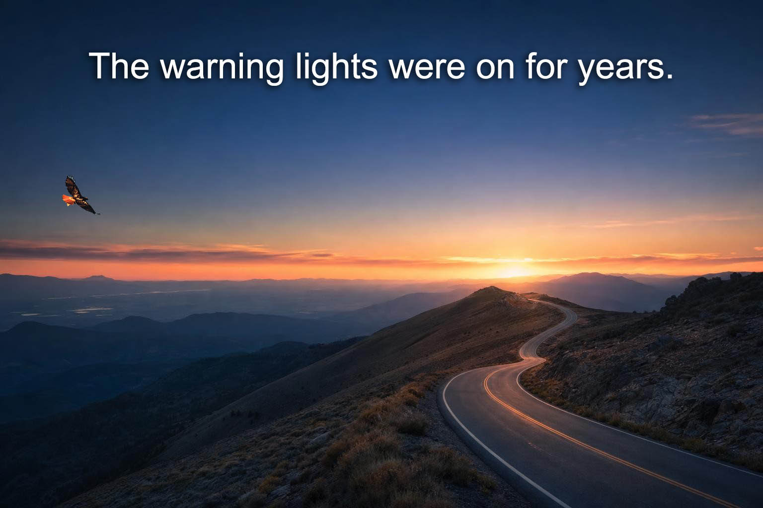Stellantis turnaround visualization showing a winding mountain road climbing toward dawn light