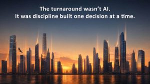 Value creation visualization showing a financial-district skyline with upward light trails at dawn