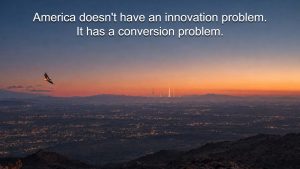Innovation conversion rate visualization showing scattered desert lights converging toward a few standing structures at dusk