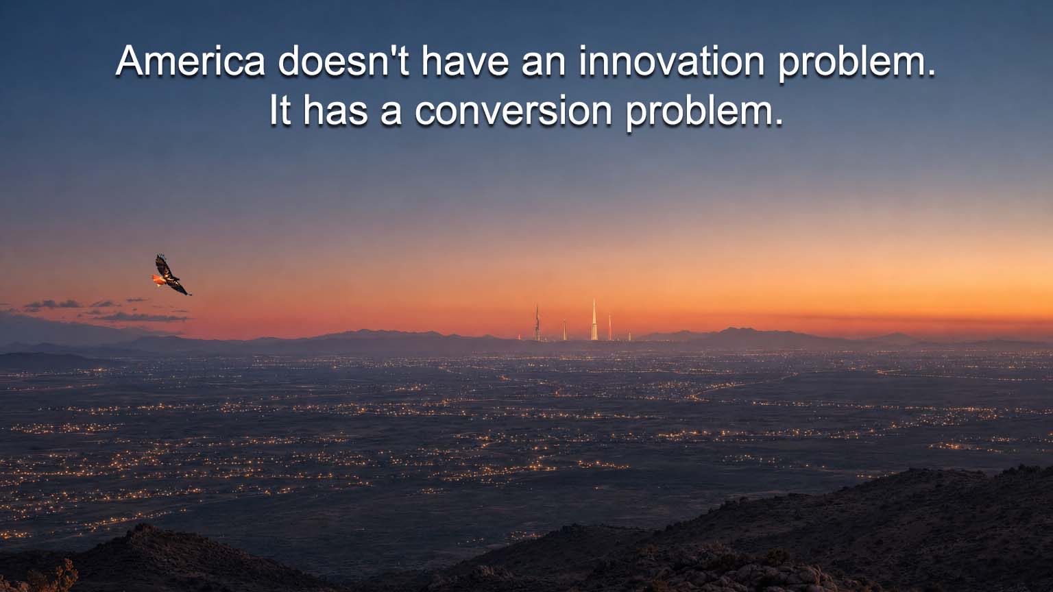Innovation conversion rate visualization showing scattered desert lights converging toward a few standing structures at dusk