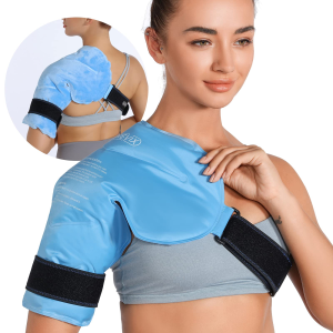 post-operative shoulder surgery patient in orthopedic recovery representing the use of cold compression wraps for shoulder surgery recovery management