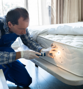 professional pest control technician conducting a bed bug inspection in a residential home representing bed bug treatment residential pest control Georgia and Tennessee homeowners need