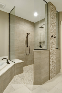 luxury modern spa bathroom interior design in a San Diego home representing the high end bathroom design that integrates aesthetics and daily functionality