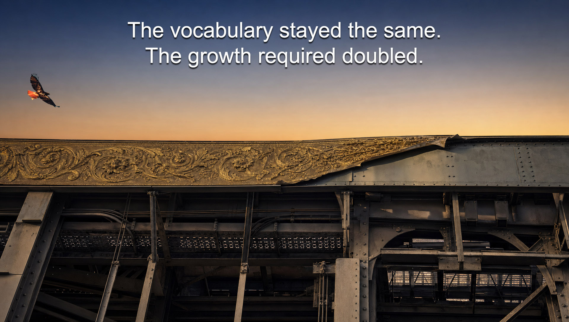 Enterprise value creation visualization showing ornamental light above exposed structural steel at dusk