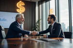 Two business executives shaking hands across a conference table after agreeing on a purchase price