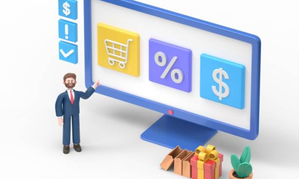 3D illustration of bearded american businessman Bob buying goods online on internet marketplace. Woman shopping online and receiving gift. Shopping and retail concept.