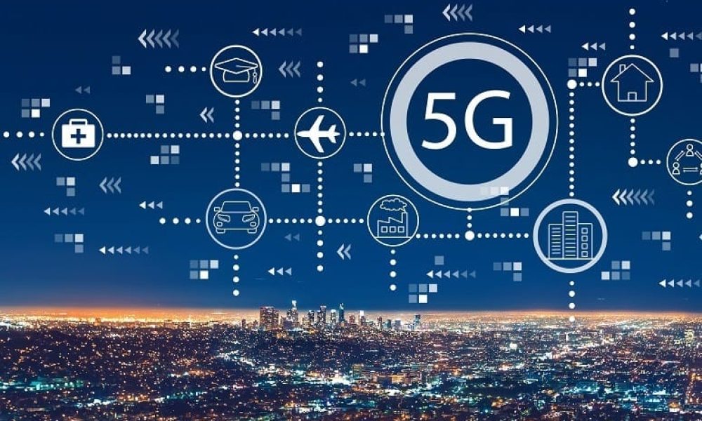 5G network with downtown Los Angeles at night