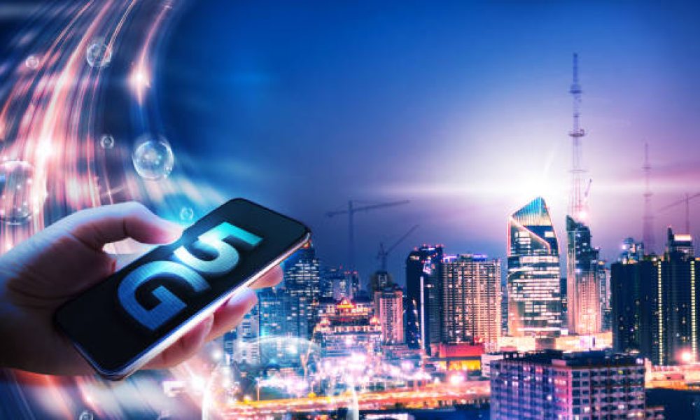 5G network wireless systems and Smart city communication network and using smartphone, connect global wireless devices.