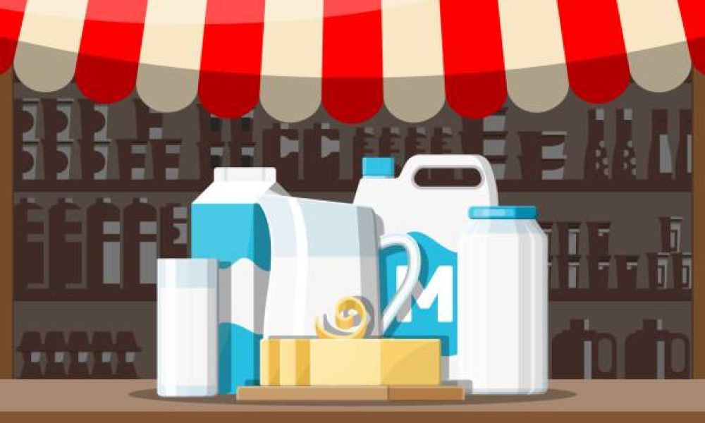 Milk street market store stall. Farmer shop or showcase counter. Dairy products set collection of food. Milk cheese yogurt butter sour cream cottage cream farm products. Vector illustration flat style