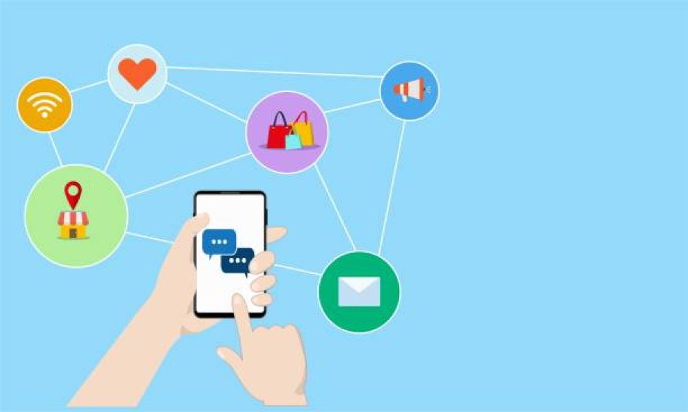 flat design vector of human hand holding mobile phone for social and online shopping, Digital marketing, internet of thing,social connection