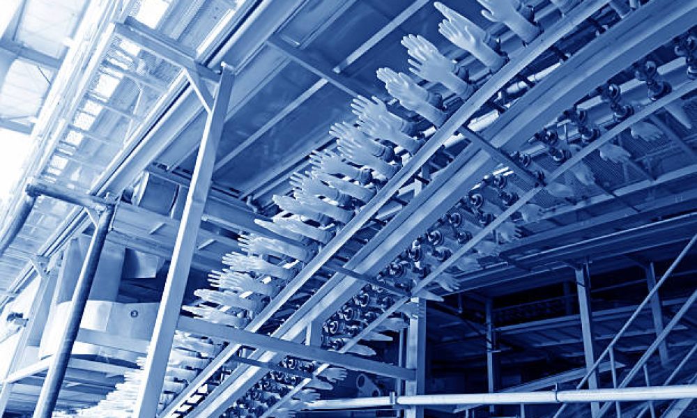 closeup of acrylonitrile butadiene gloves production line in a factory, north china