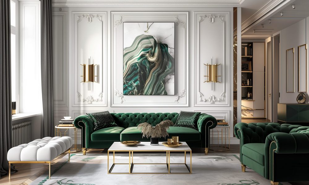 Modern living room interior design with a deep emerald green velvet sofa, light oak flooring, white walls, and gold accents in the decor for a luxurious touch.