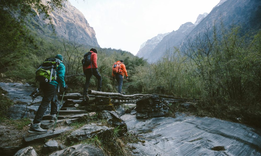 Group of trekkers cross the bridge