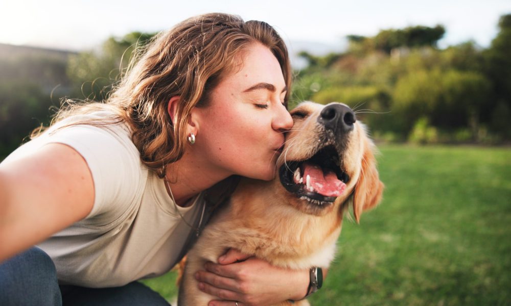 Woman, kiss and selfie with dog on grass field for picture, memory or companion in nature. Female person, labrador or golden retriever with hug or affection for capture, support or care for pet.
