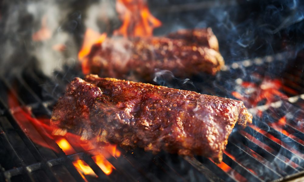 american bbq ribs cooking on grill