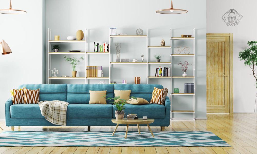 Modern interior of apartment, living room with sofa, hall panorama 3d rendering