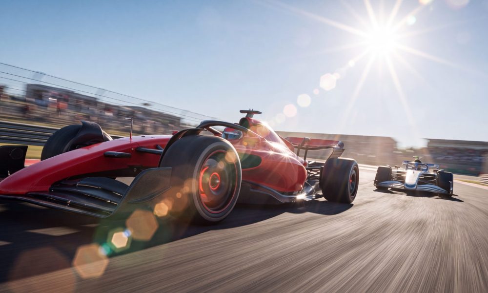 Red race car speeding on track during a high-stakes motorsport competition under bright sunlight with motion blur, perfect for sports marketing and speed editorial concepts