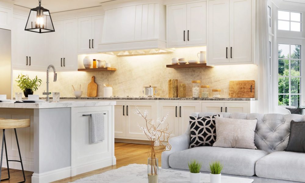 Luxurious interior design of white kitchen, dining room with win