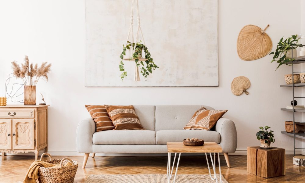 The stylish boho compostion at living room interior with design