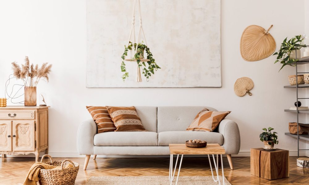 The stylish boho compostion at living room interior with design