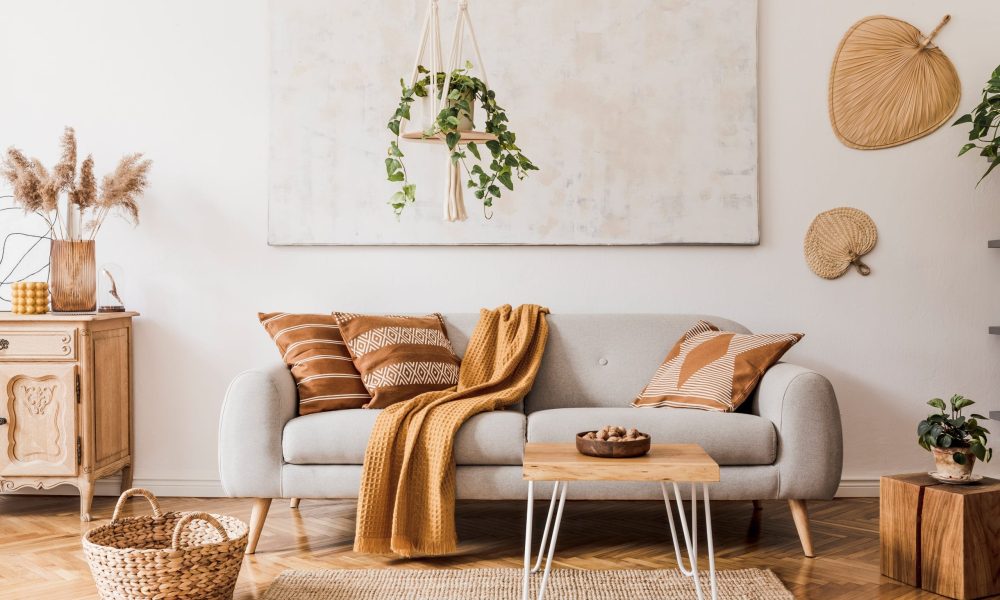 The stylish boho compostion at living room interior with design