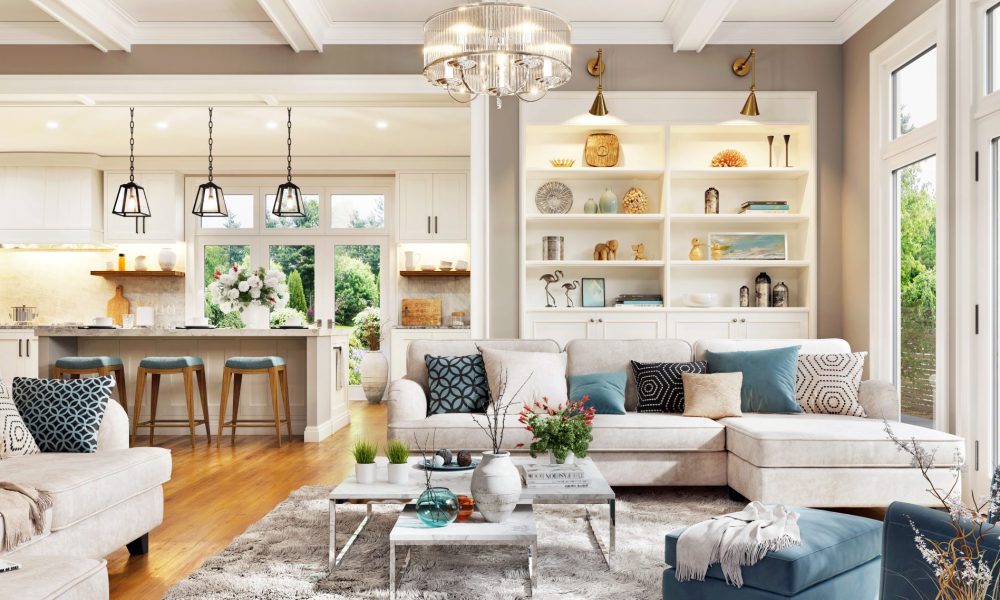 Luxurious interior design living room and white kitchen. Open pl