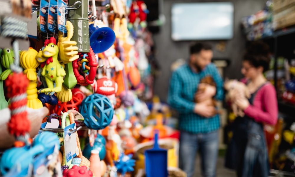 Happy couple with their puppies buying toys in pet shop.