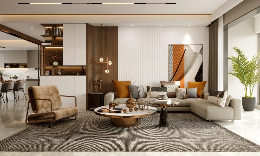 3d render of luxury home interior, living room